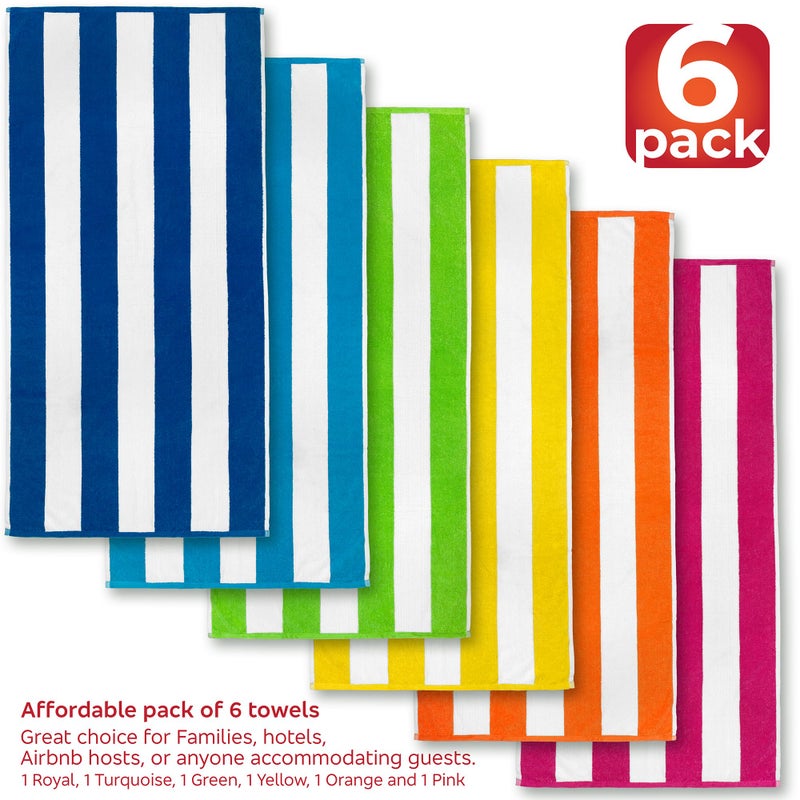 Softerry Cabana Beach and Pool Towel 6 Pack - 30in x 60in - Soft and Absorbent Eco-Friendly Terry Loop (Royal, Turquoise, Green, Yellow, Orange and Pink, 06 Pack) - Image 3